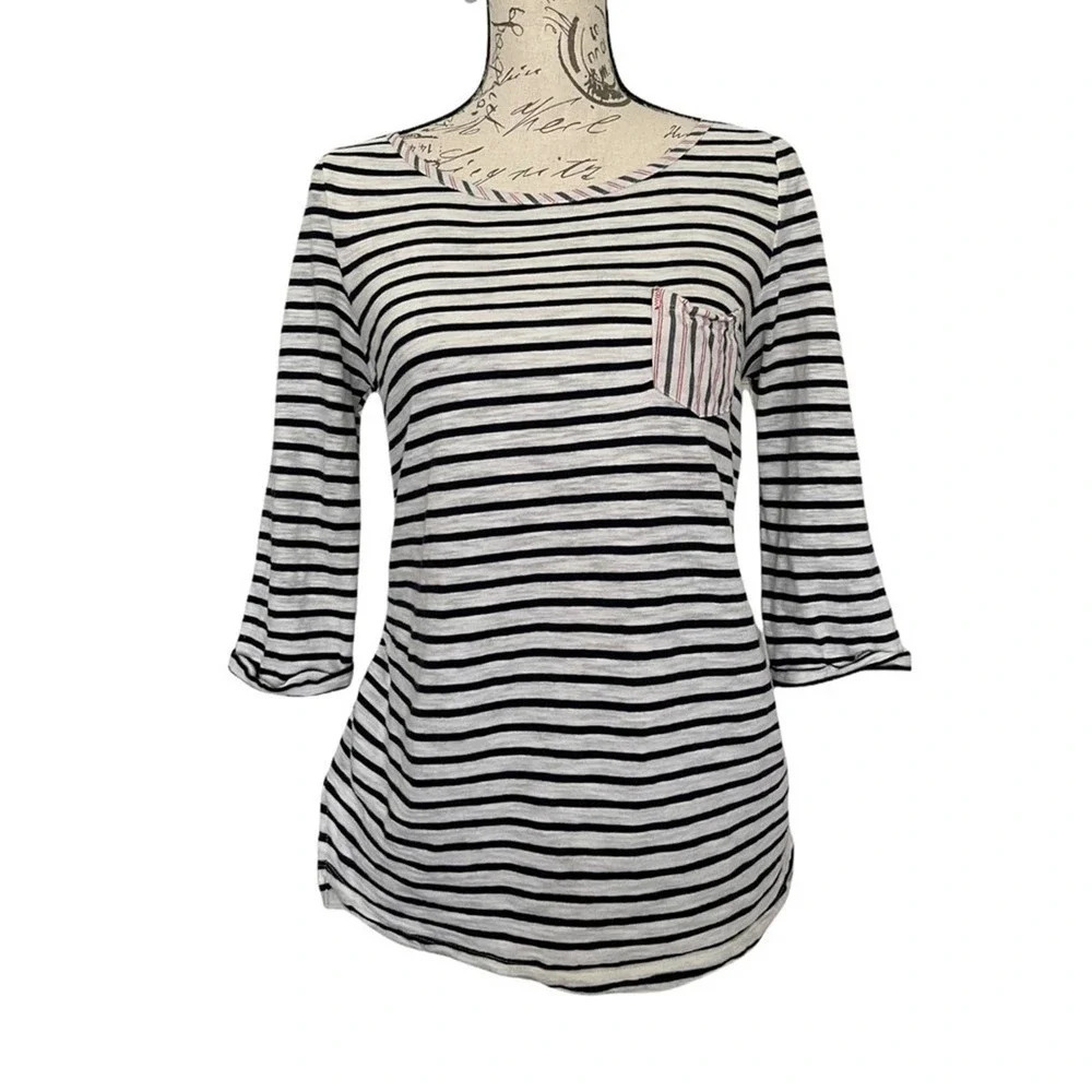 Anthropologie Postmark Mixed Stripe Top Womens Small Black White Coastal Preppy‎